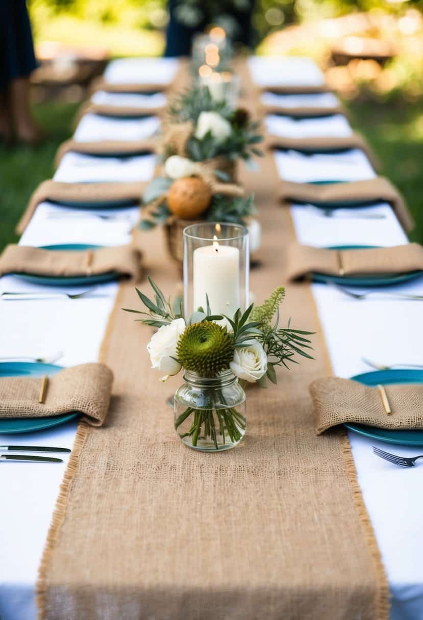 Burlap table runners adorn outdoor wedding tables, complementing rustic decor with natural textures and earthy tones