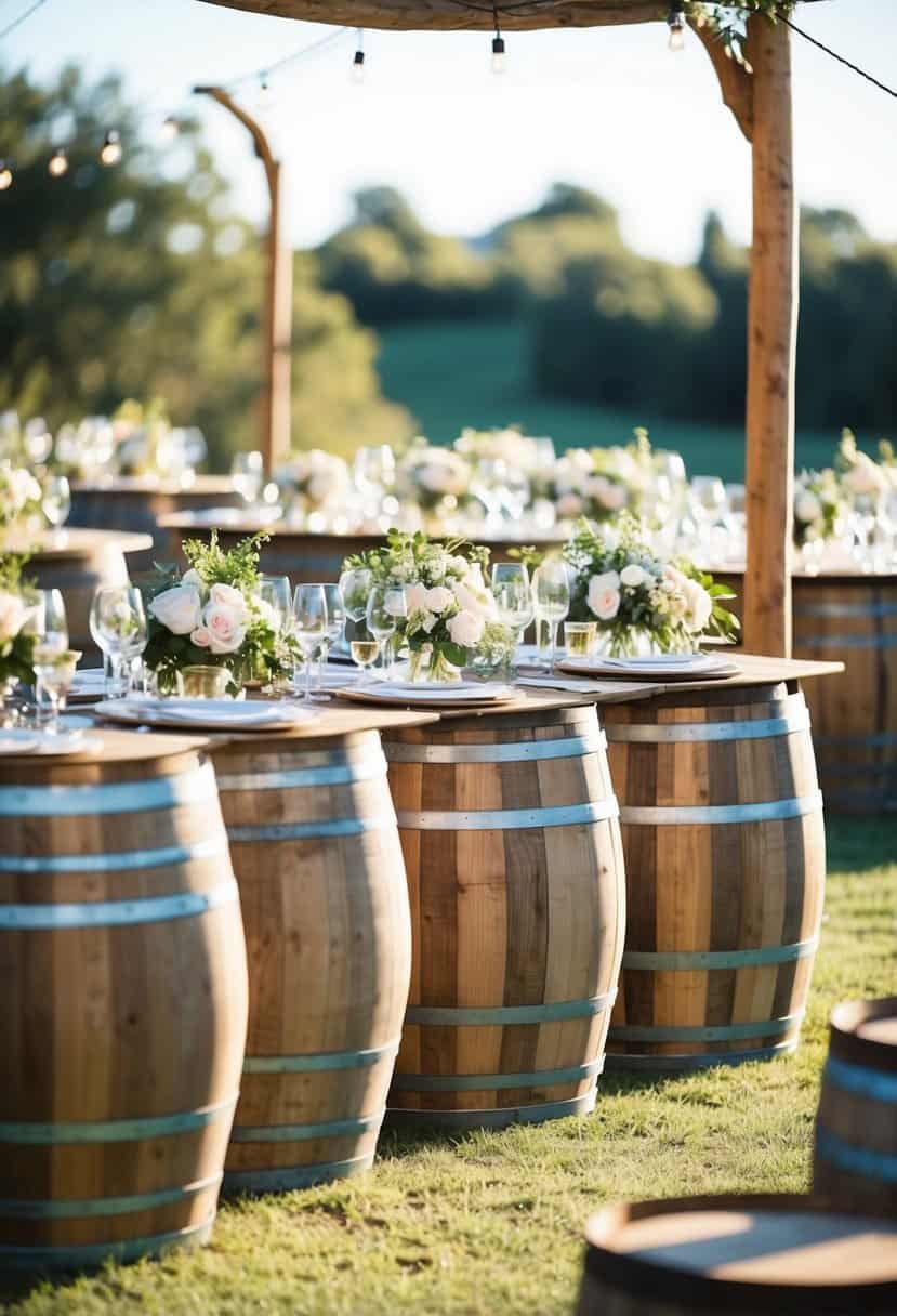 Wine barrel tables adorned with floral centerpieces, set up for an outdoor wedding reception
