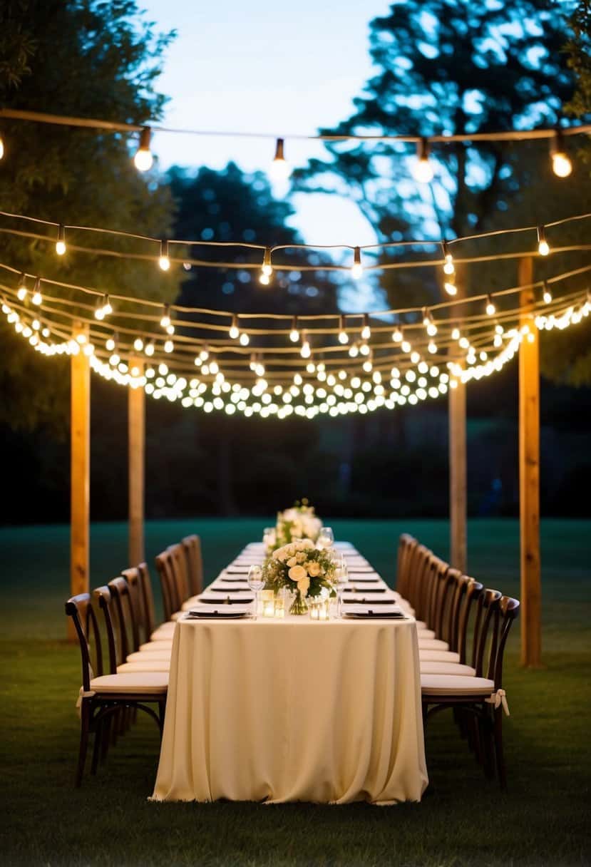 A canopy of string lights hangs above an outdoor wedding table, creating a warm and romantic atmosphere