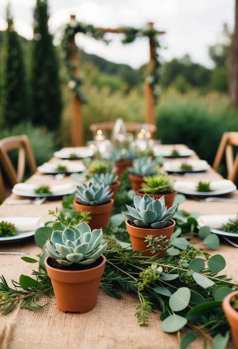 A rustic outdoor wedding table adorned with succulent plant favors in small pots, nestled among greenery and natural decor