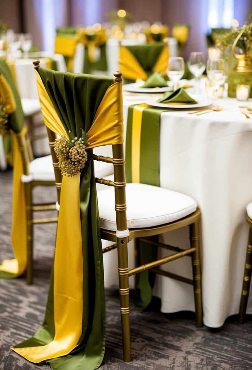 Gold and olive chair sashes draped over chairs, matching olive table decorations with golden accents