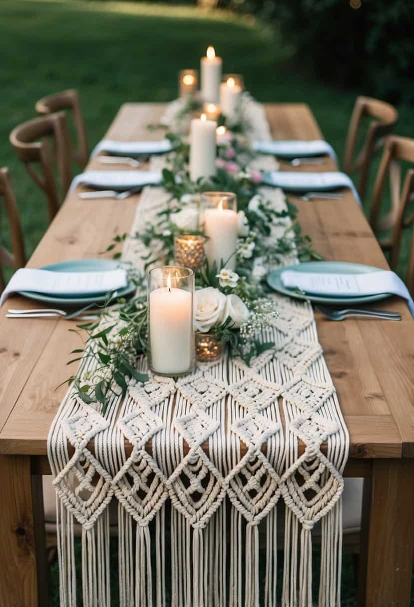 A macrame table runner cascades down a wooden table, adorned with delicate flowers and candles, creating a bohemian outdoor wedding atmosphere