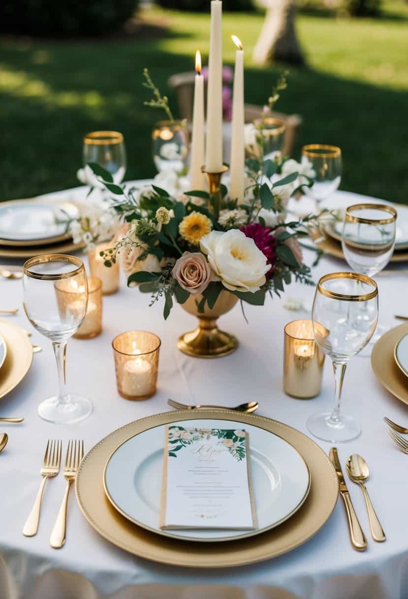 Elegant gold-rimmed glassware arranged on a white tablecloth with floral centerpieces and candles for outdoor wedding decor