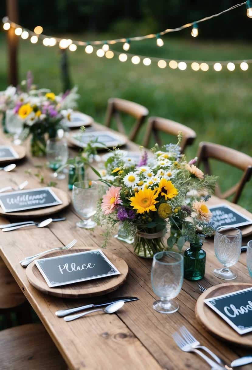A rustic wooden table set with chalkboard place cards, surrounded by wildflower centerpieces and twinkling string lights