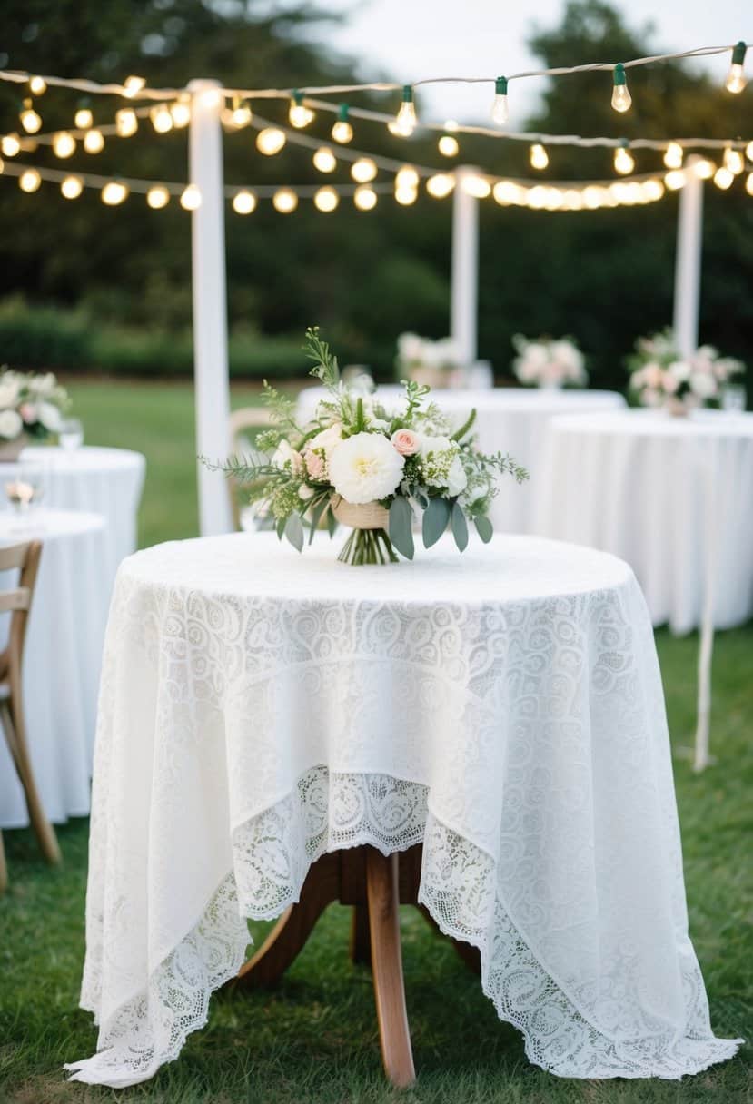 White lace tablecloths draped over outdoor wedding tables with delicate floral centerpieces and twinkling fairy lights
