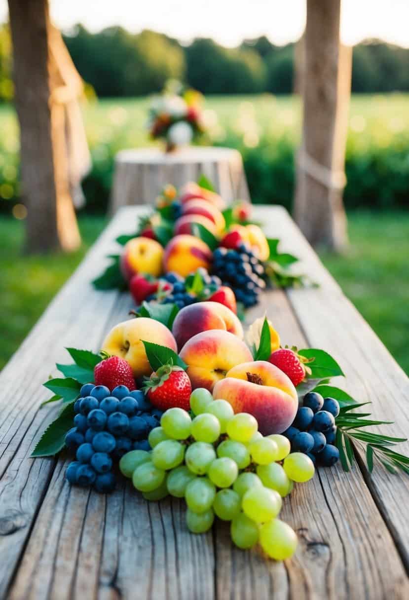 A rustic wooden table adorned with fresh, vibrant seasonal fruits such as berries, peaches, and grapes, serving as accents for an outdoor wedding celebration