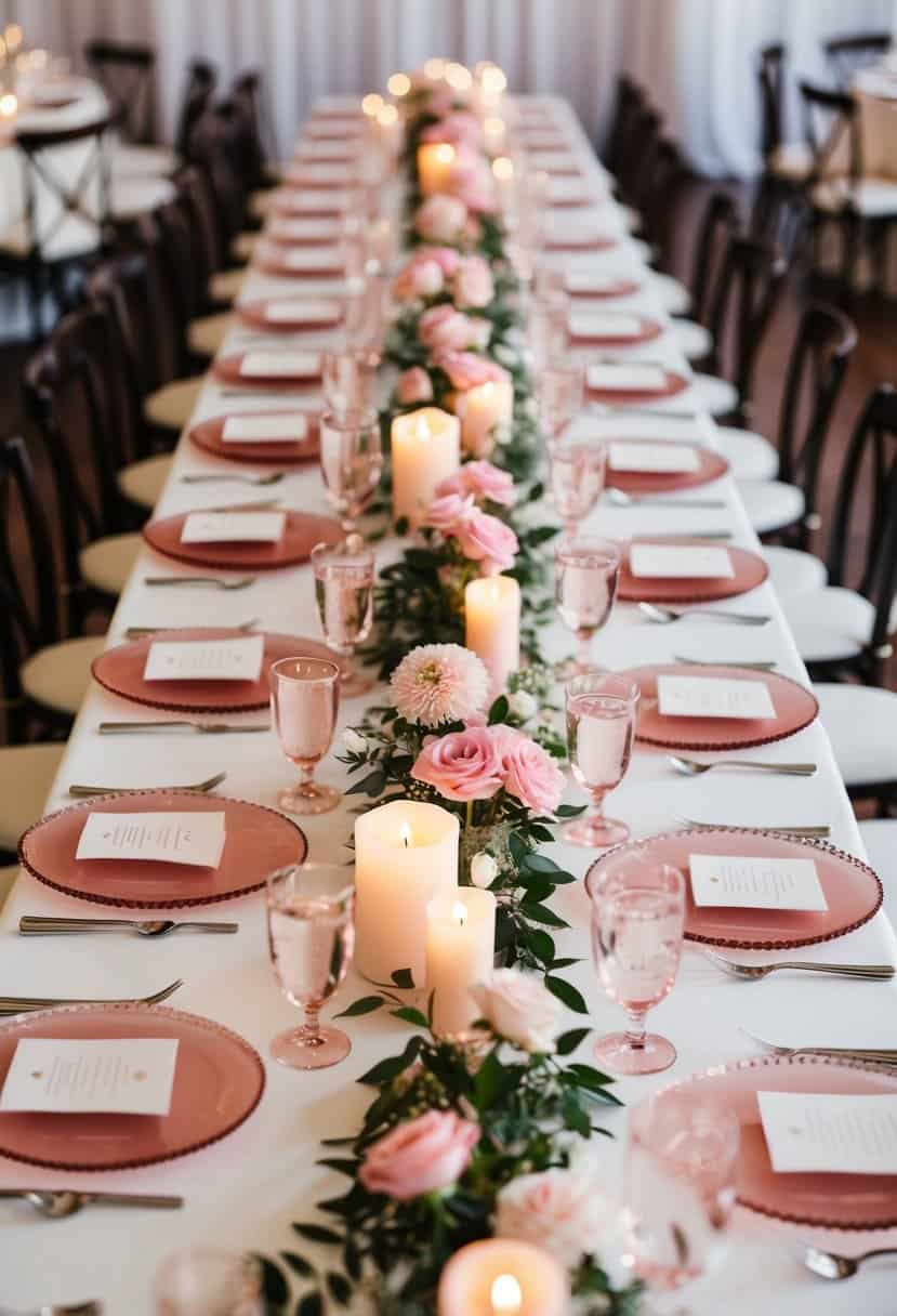 A long table with rose quartz table runners, adorned with pink flowers and candles, set for a wedding reception