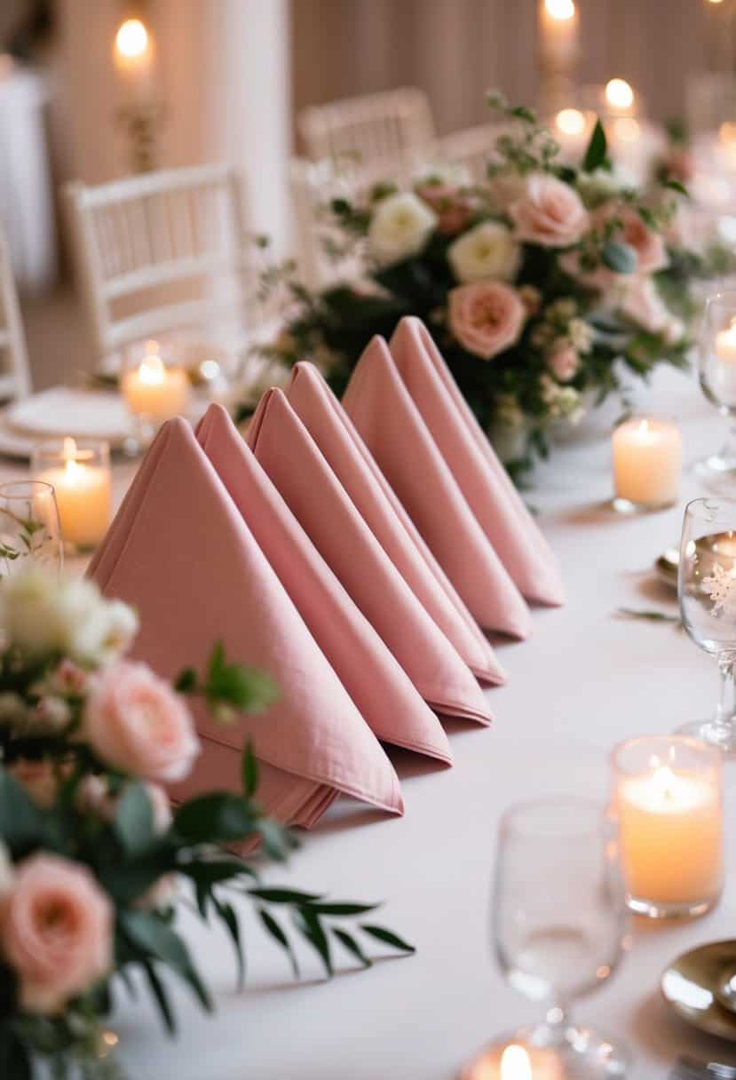 Blush pink napkins neatly folded on a wedding reception table, surrounded by delicate floral centerpieces and soft candlelight