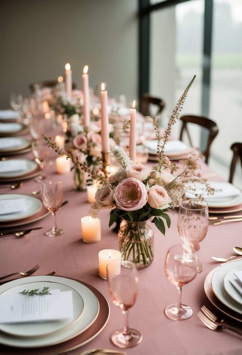 A table set with dusty pink centerpieces, featuring delicate floral arrangements and soft candlelight
