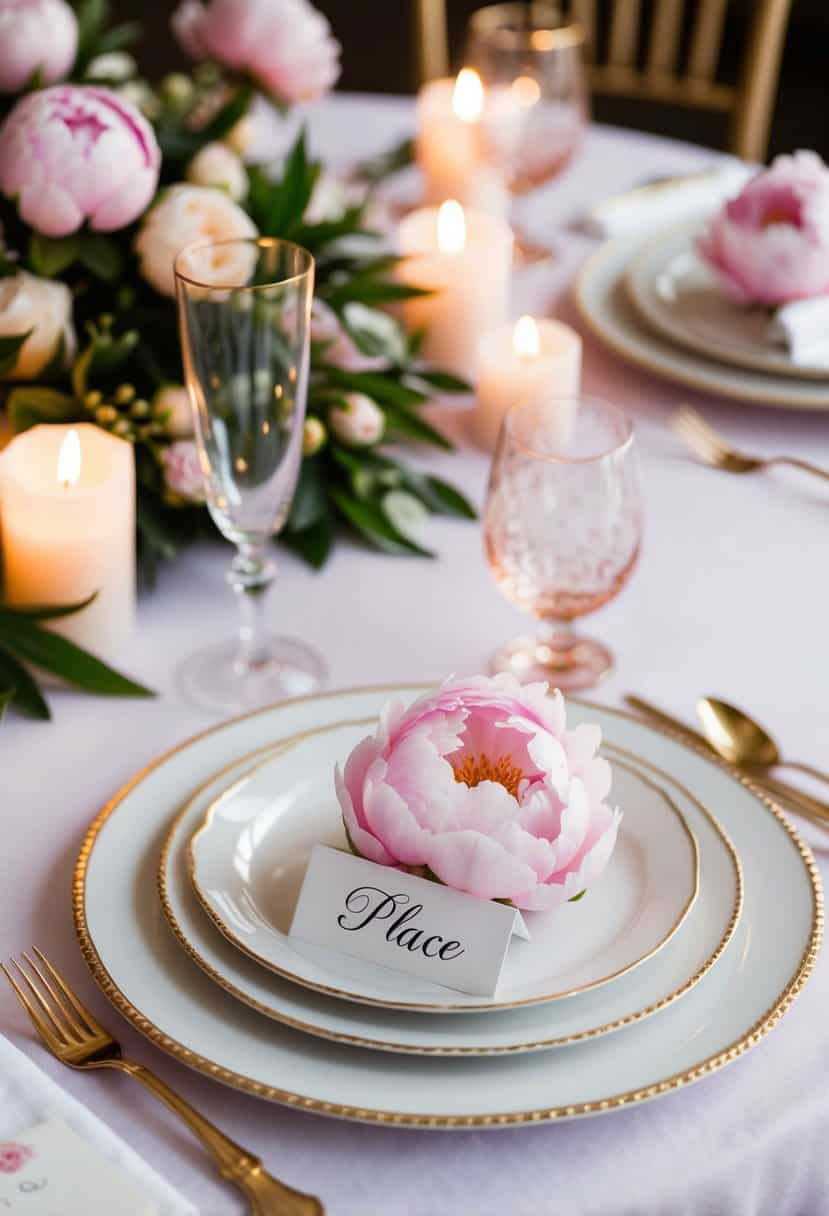 A table set with pink peony place cards, surrounded by delicate floral arrangements and soft candlelight