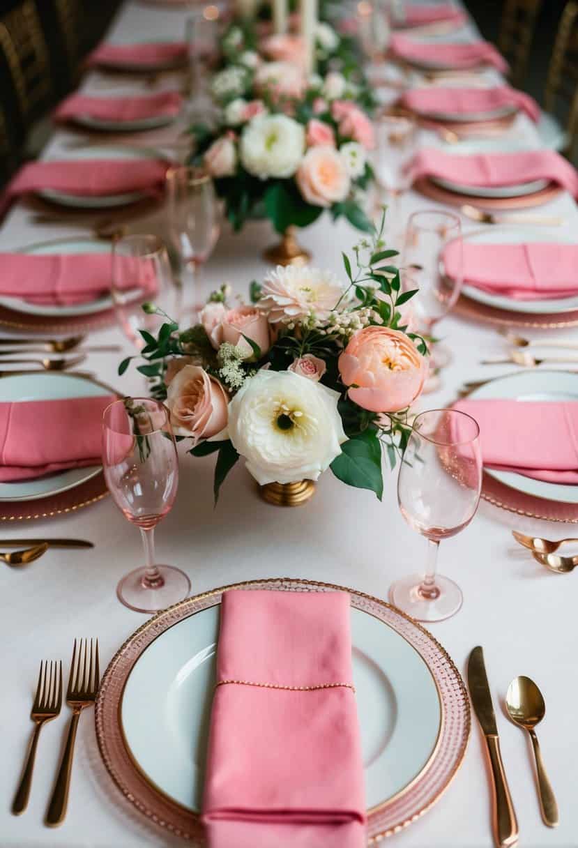A table set with rose gold cutlery, pink napkins, and floral centerpieces for a romantic wedding reception