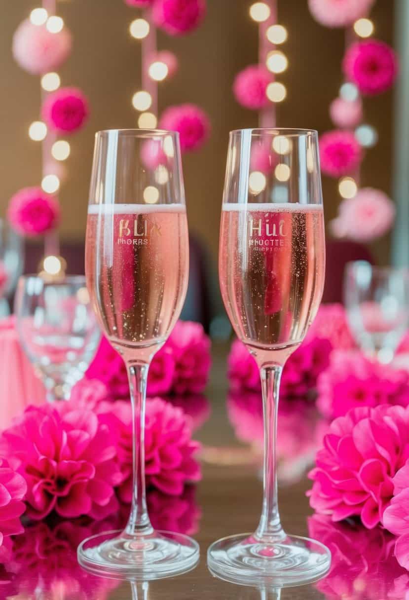 Two pink champagne flutes on a table surrounded by pink wedding decorations