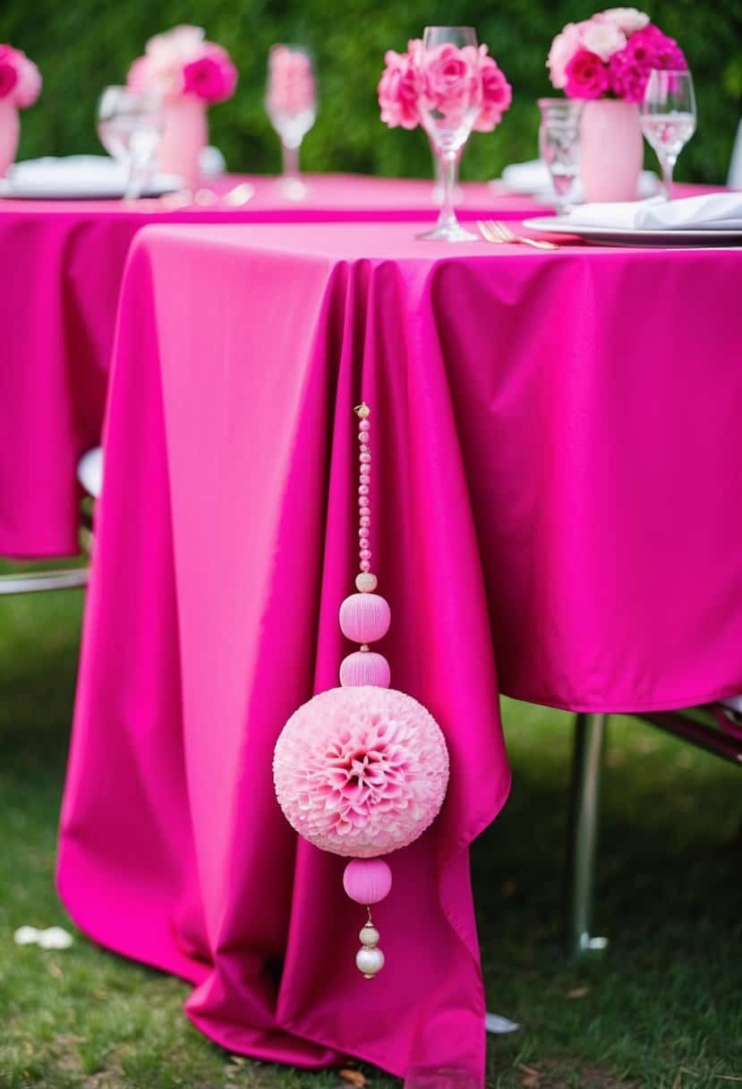 A fuchsia tablecloth drapes over a table adorned with pink wedding decorations
