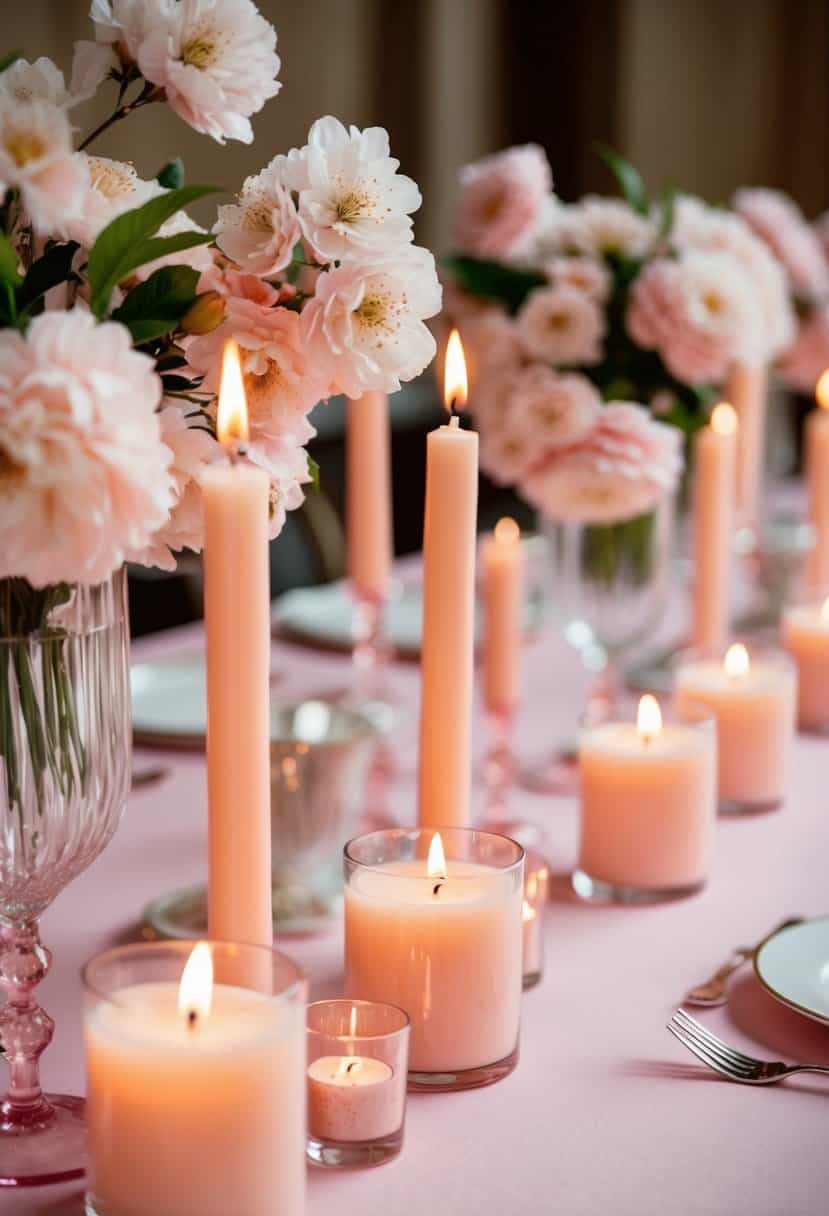 Peach blossom candles adorn a pink wedding table, creating a romantic and elegant atmosphere