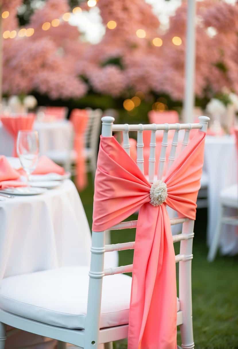 A coral pink chair sash elegantly drapes over a white chair, adding a pop of color to the wedding table setting