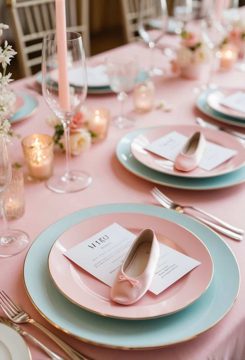 A table set with pink ballet slipper menu cards and delicate decorations for a wedding