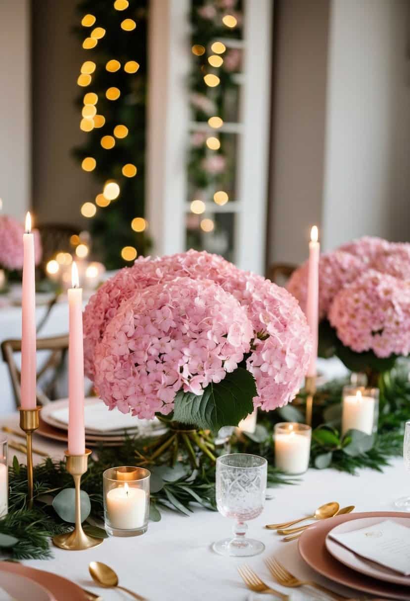 A table adorned with pink hydrangea garlands and candles