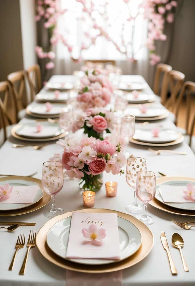 A table adorned with cherry blossom plates, pink flowers, and delicate decor for a wedding celebration