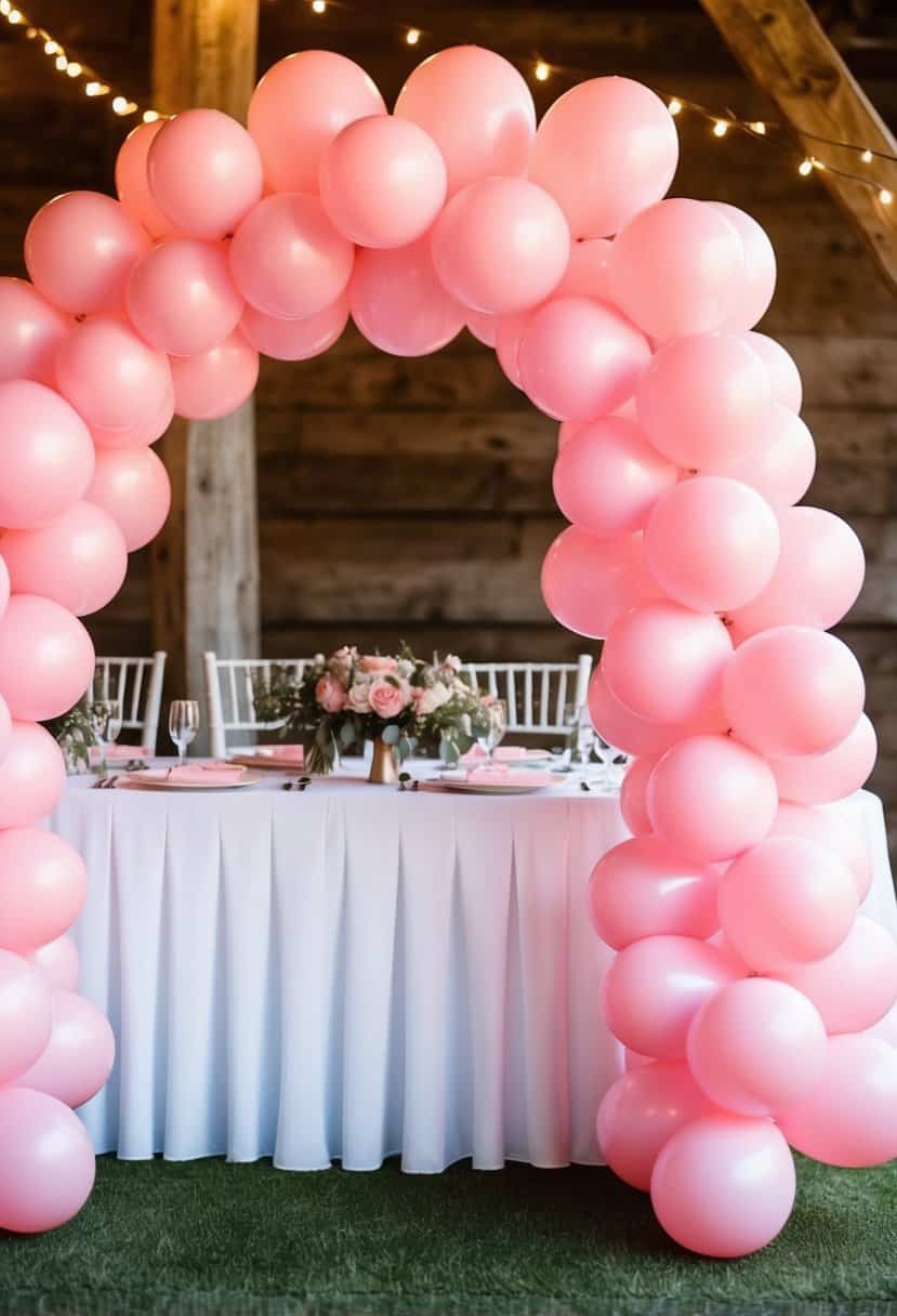 A whimsical arch of pink cotton candy balloons adorns a wedding table