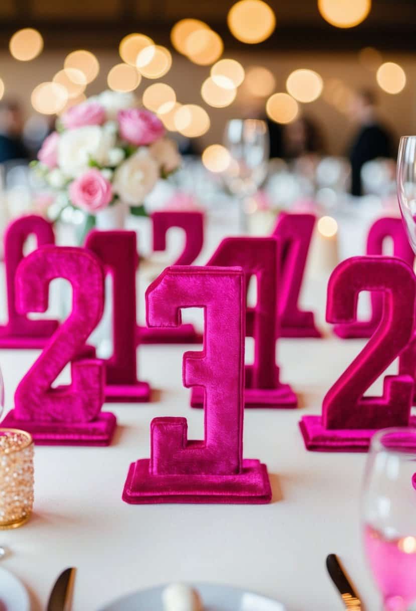 A set of pink velvet table numbers arranged in a decorative display for a wedding reception