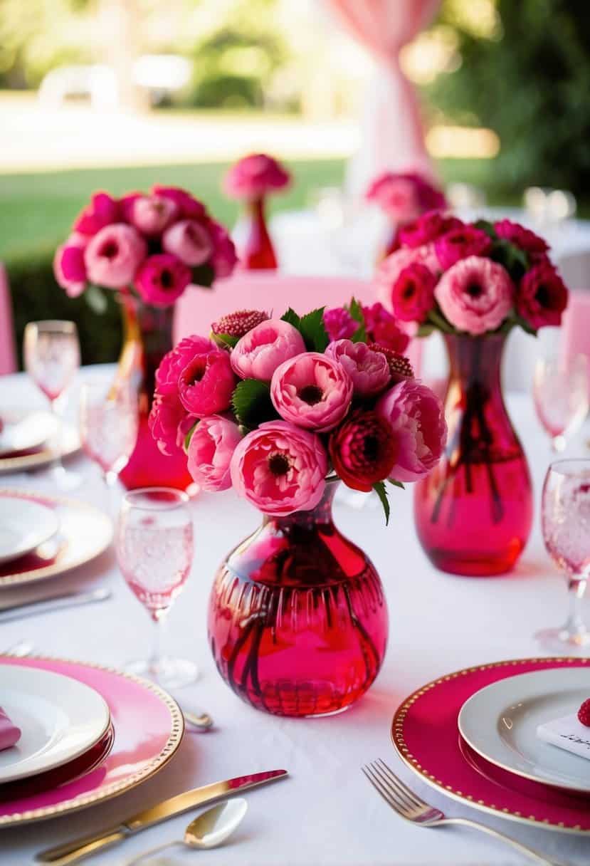 A table set with raspberry flower vases as pink wedding decorations