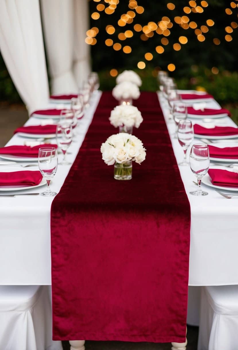 A long, red velvet table runner drapes elegantly across a white table, adding a touch of luxury and sophistication to the wedding decor