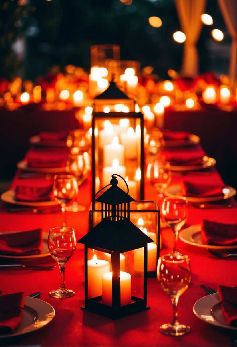 Candlelit lanterns cast a warm glow over a red-themed wedding table, creating a romantic and intimate atmosphere
