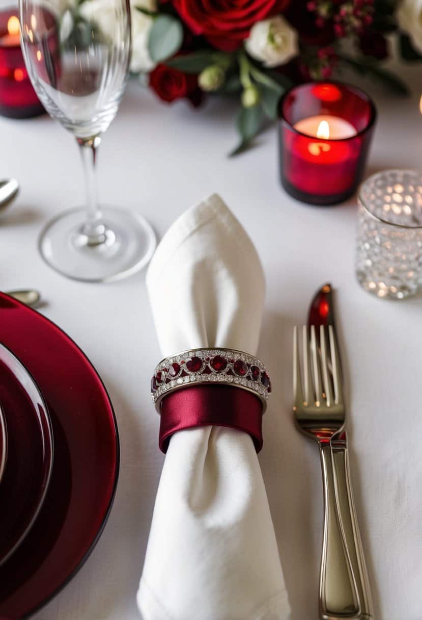 A burgundy napkin ring sits atop a crisp white tablecloth, surrounded by elegant red wedding table decorations