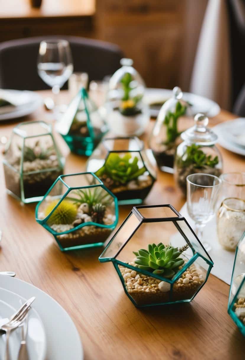 A collection of miniature terrariums arranged as quirky wedding table decorations