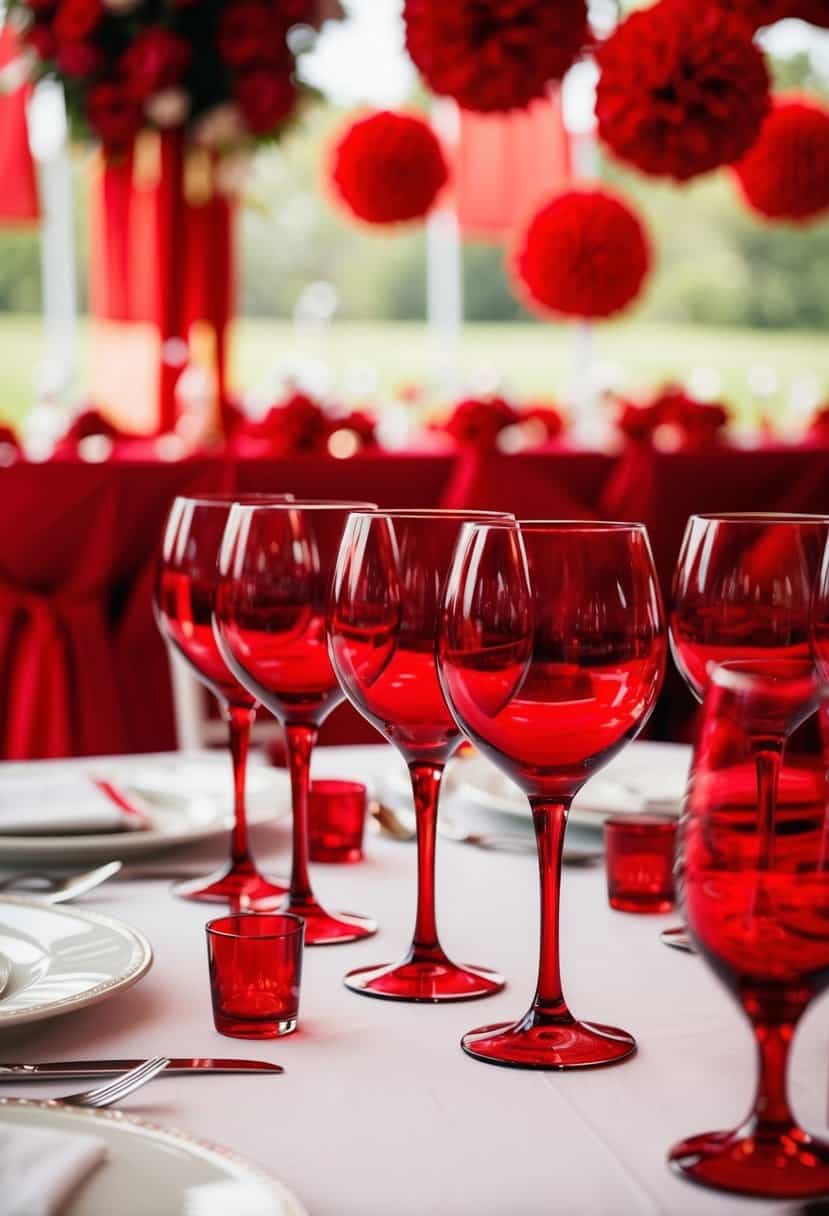 A table set with scarlet wine glasses, surrounded by red wedding decorations