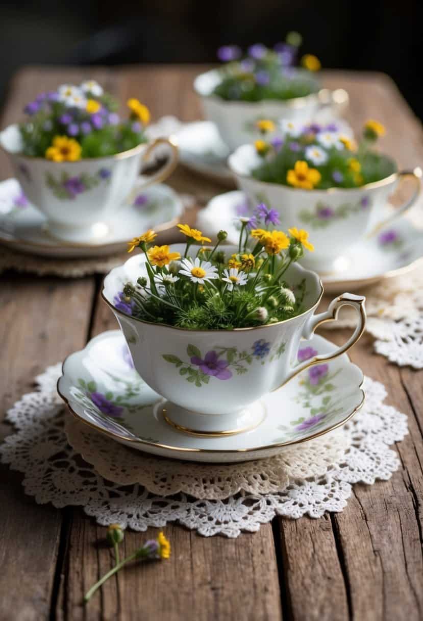 Vintage teacups filled with wildflowers and nestled among lace doilies on rustic wooden tables