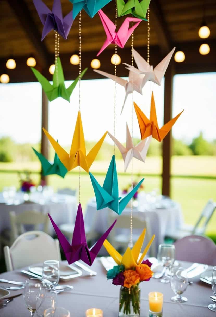 A collection of colorful origami crane mobiles hang above the wedding tables, creating a whimsical and playful atmosphere