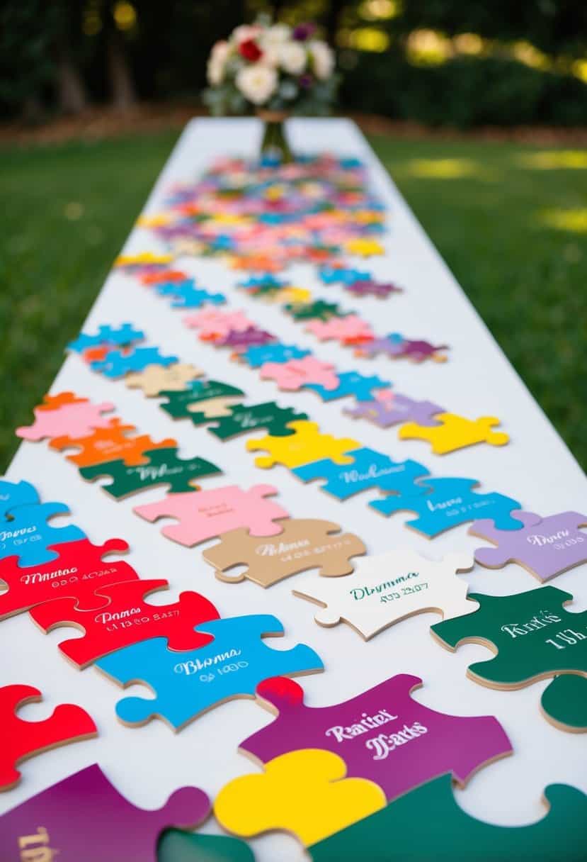 Colorful puzzle pieces arranged in a unique pattern on a wedding table, each piece personalized with the couple's names and wedding date