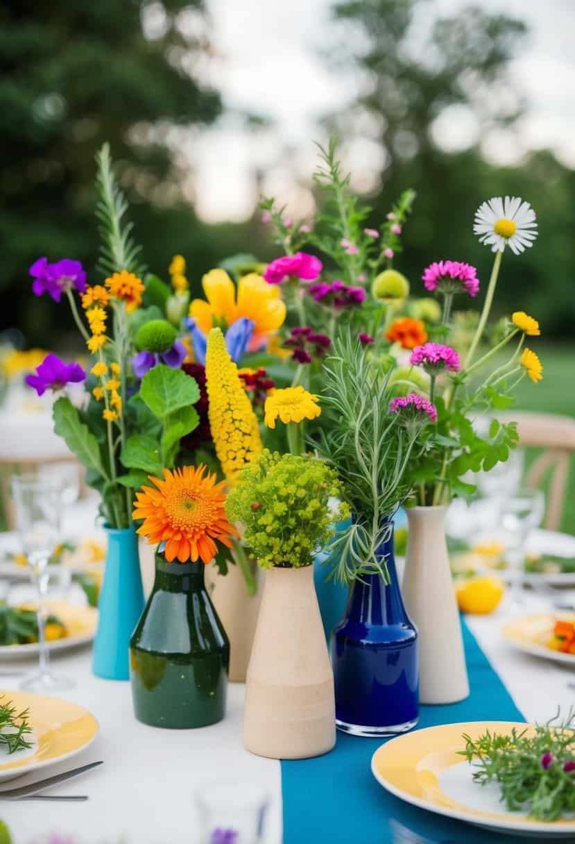 A colorful array of edible flowers and herbs arranged in mismatched vases, adding a whimsical touch to the wedding table decor