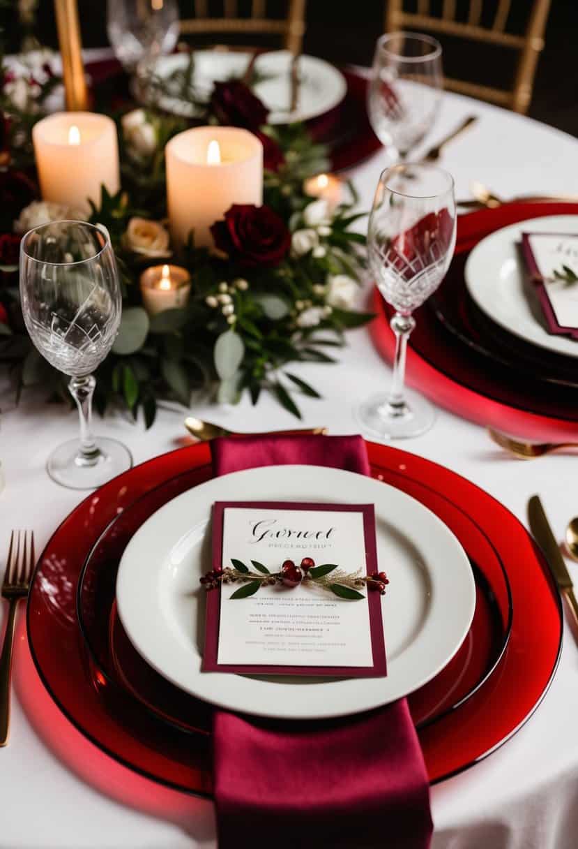 A table set with red garnet plate chargers, adorned with elegant wedding decorations