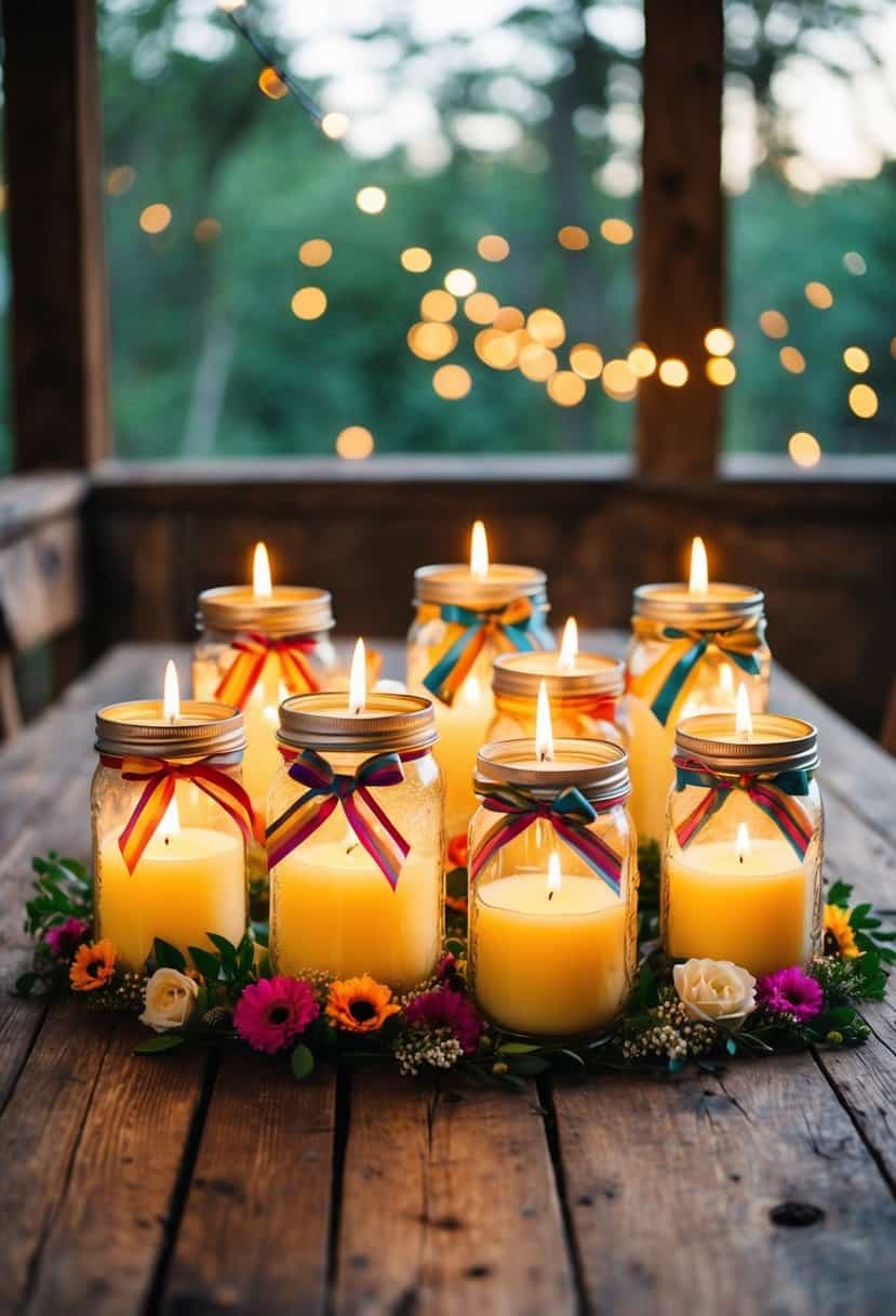 Mason jars filled with candles, adorned with colorful ribbons and flowers, arranged on a rustic wooden table