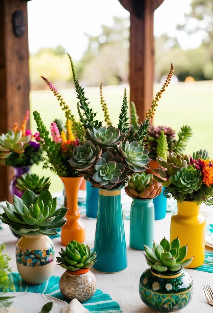 A colorful array of succulent plant bouquets arranged in mismatched vases on a whimsically decorated wedding table