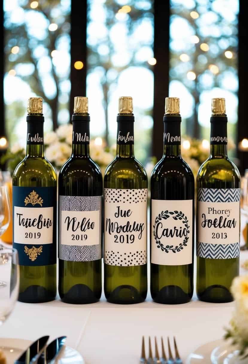 A table adorned with personalized wine bottles, each uniquely decorated for a quirky wedding celebration