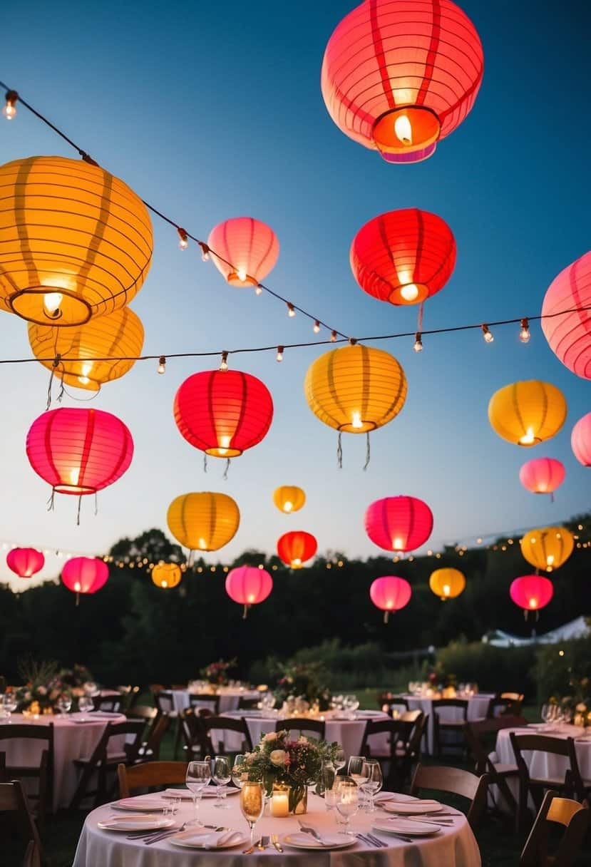 Colorful sky lanterns floating above wedding tables