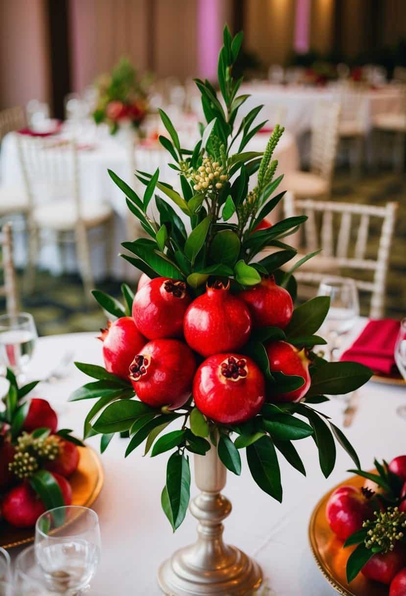 A pomegranate branch adorned with vibrant red fruits and green leaves, elegantly placed as a centerpiece on a wedding reception table