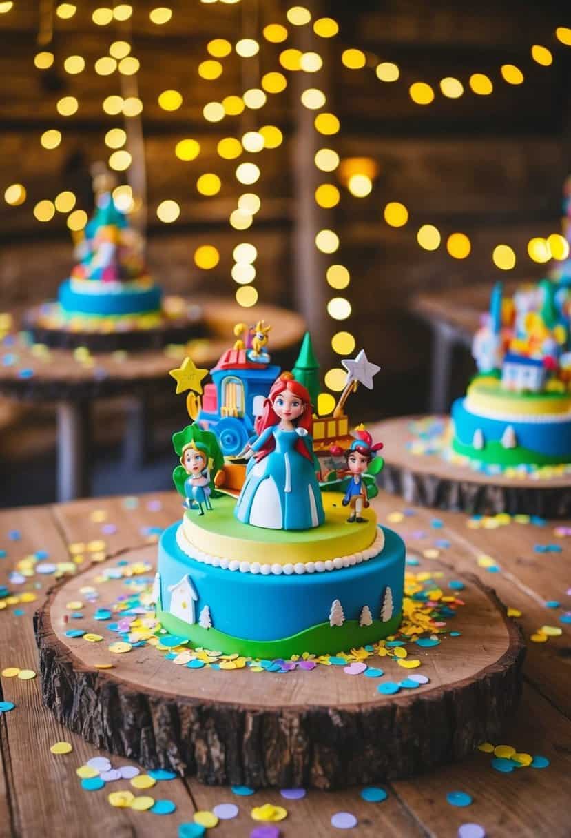 Colorful storybook centerpieces with whimsical characters and scenes, surrounded by fairy lights and scattered confetti, set on rustic wooden tables