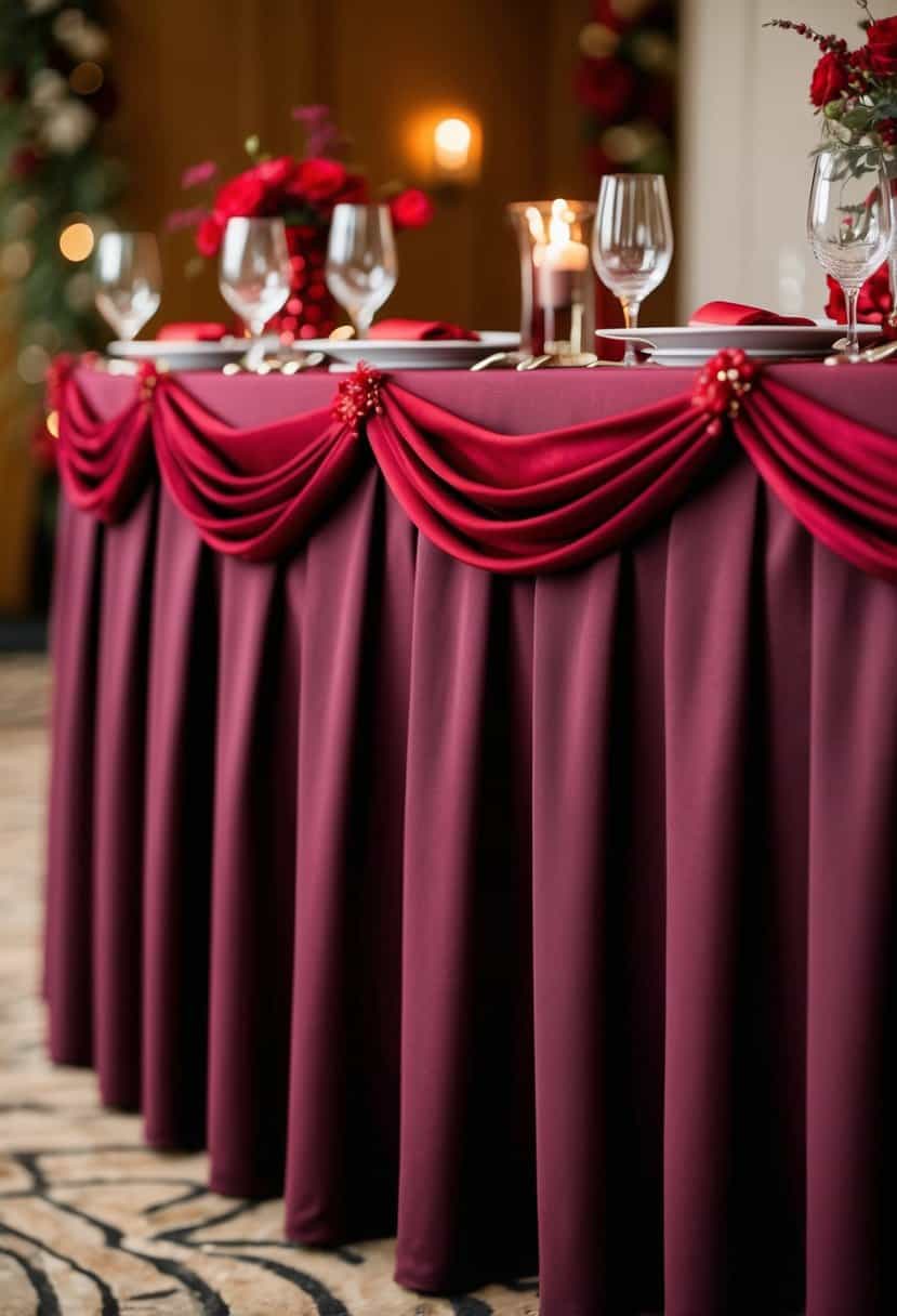 A maroon table skirt drapes elegantly over a table, adorned with red wedding decorations