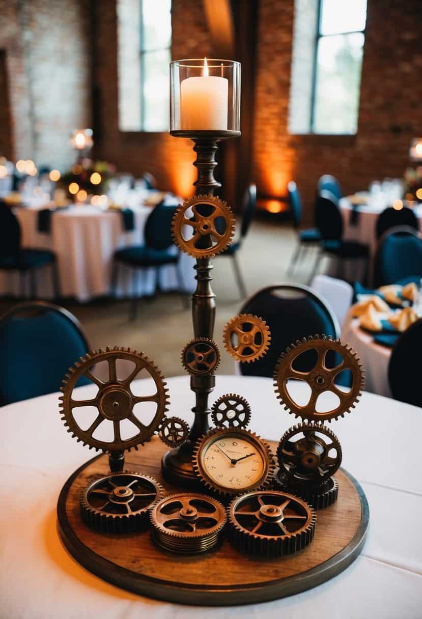 A table adorned with steampunk gear arrangements, serving as quirky wedding decorations