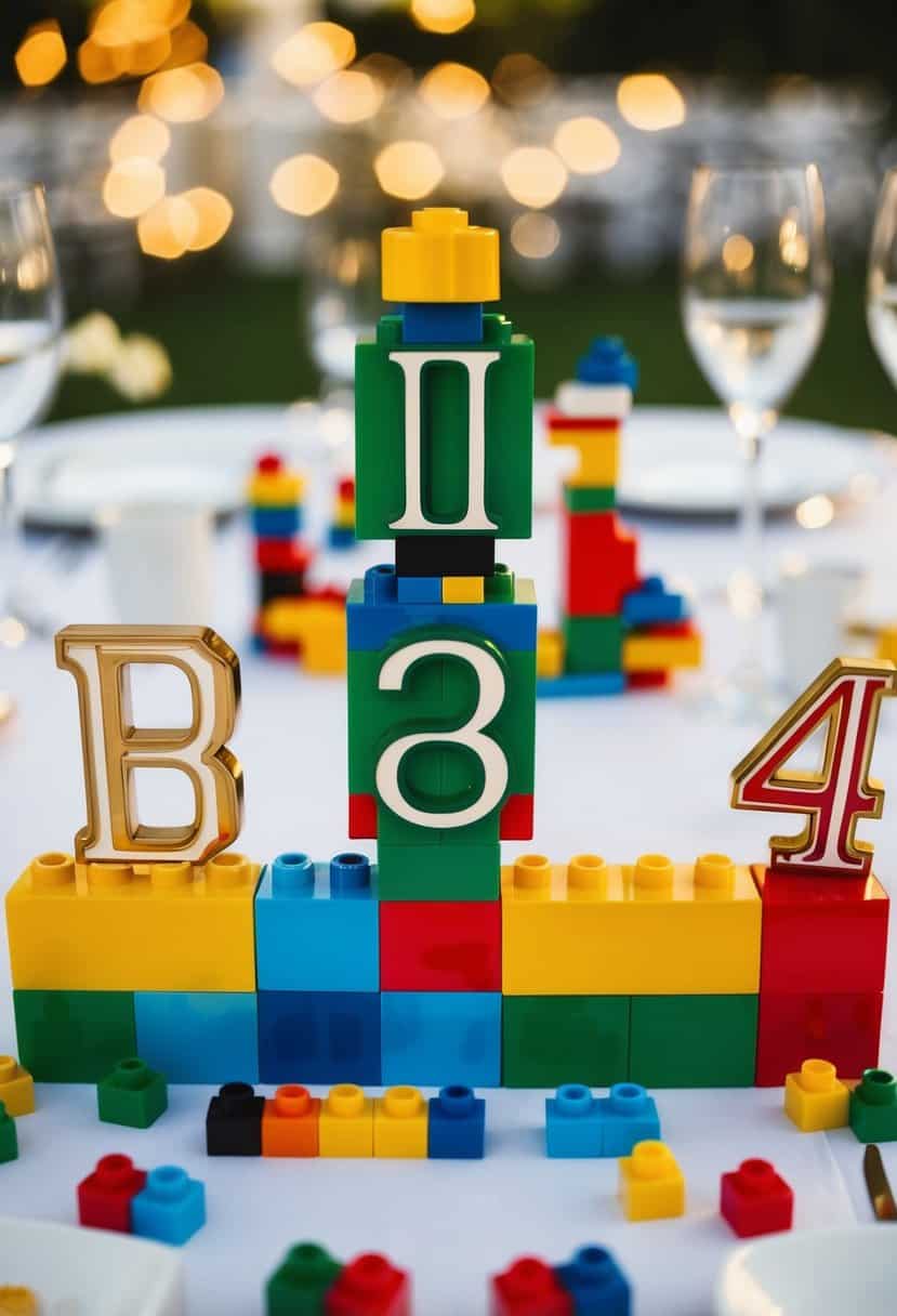 Colorful Lego table numbers arranged in a playful and quirky manner for a wedding reception