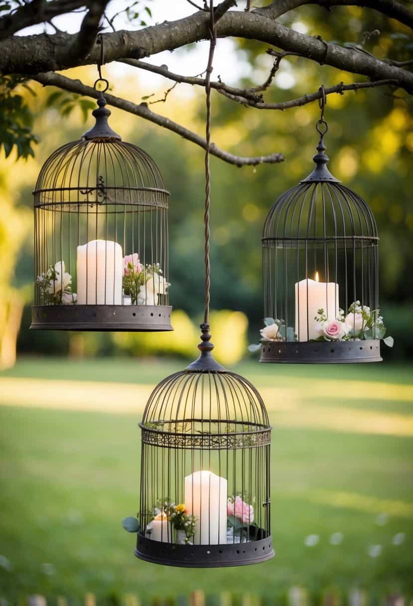 Antique bird cages hang from tree branches, filled with flowers and candles, as quirky wedding table decorations