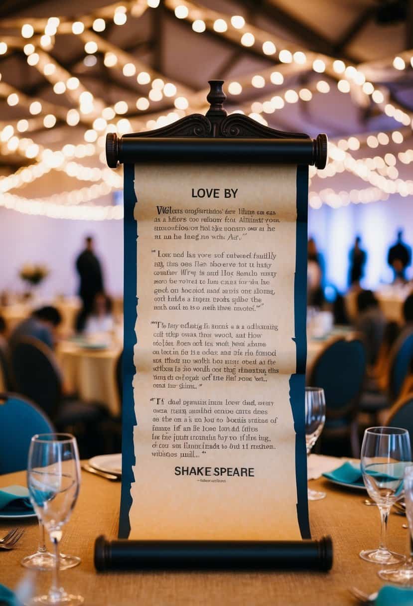 A vintage scroll with love quotes by Shakespeare displayed on a table with quirky wedding decorations