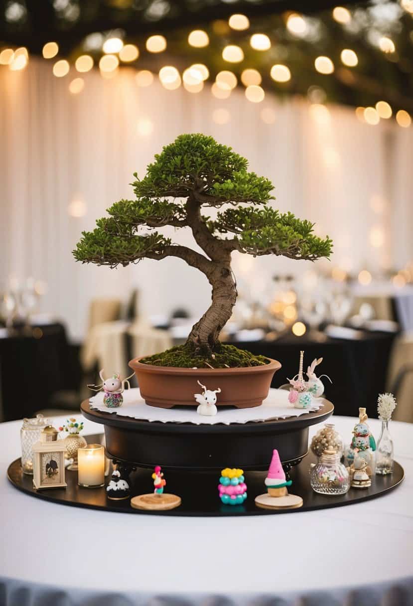 A small bonsai tree sits atop a table, surrounded by miniature whimsical decorations, creating a unique wedding centerpiece