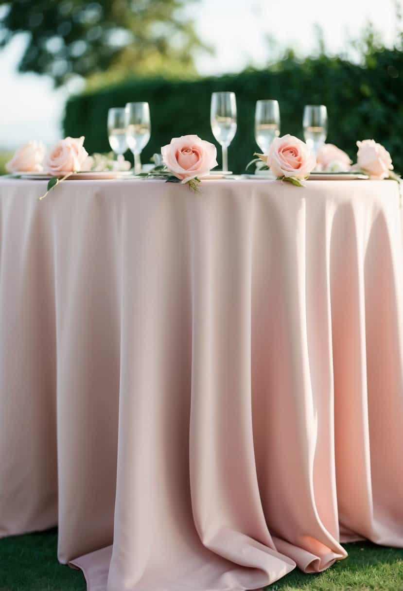 A pink blush tablecloth drapes over a wedding table, adorned with delicate rose decorations
