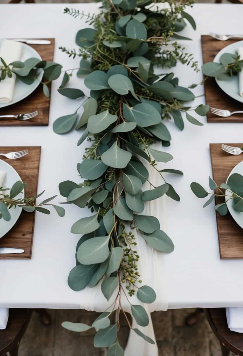A eucalyptus garland drapes across a rectangular wedding table, serving as a natural and elegant centerpiece