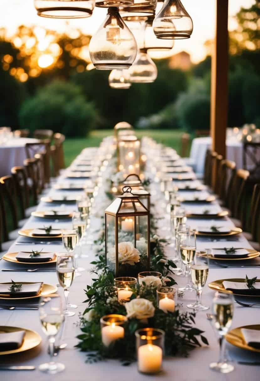 A long wedding table adorned with hanging glass terrariums